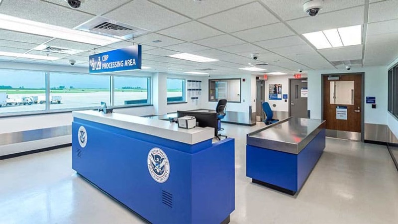 Finished interior of a Border Patrol station with reception desk